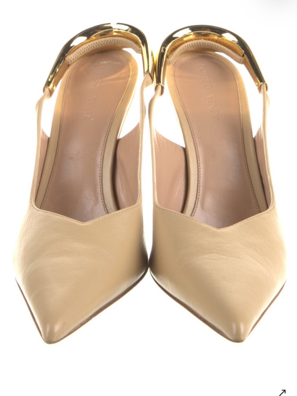 Bottega Veneta Nude Leather Pointed Slingback Heels with Gold Accent Strap Sz 40